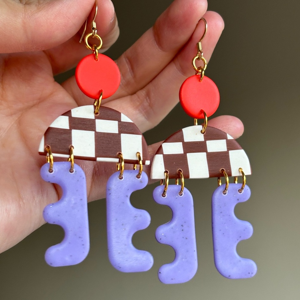 Dangly Clay Checkerboard Earrings